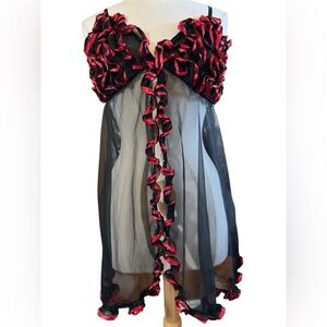 Juliara Vintage Sexy Black sheer Babydoll nightgown w/Red Ruffled Trim Size 2X